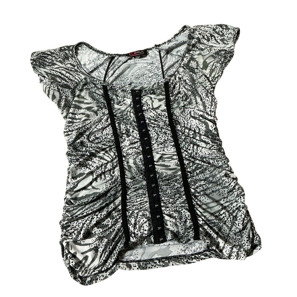 Cherry Krave Animal Print Ruched Top Women Large Gray Y2K Corset Hook Eye Cap